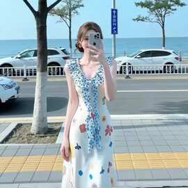 法式绝美气质收腰显瘦碎花长裙海边度假风印花无袖连衣裙女夏季装