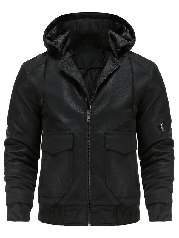 PU chaqueta de cuero de los hombres engrosada chaqueta de la motocicleta uniforme de béisbol ropa acolchada sombrero parka desmontable