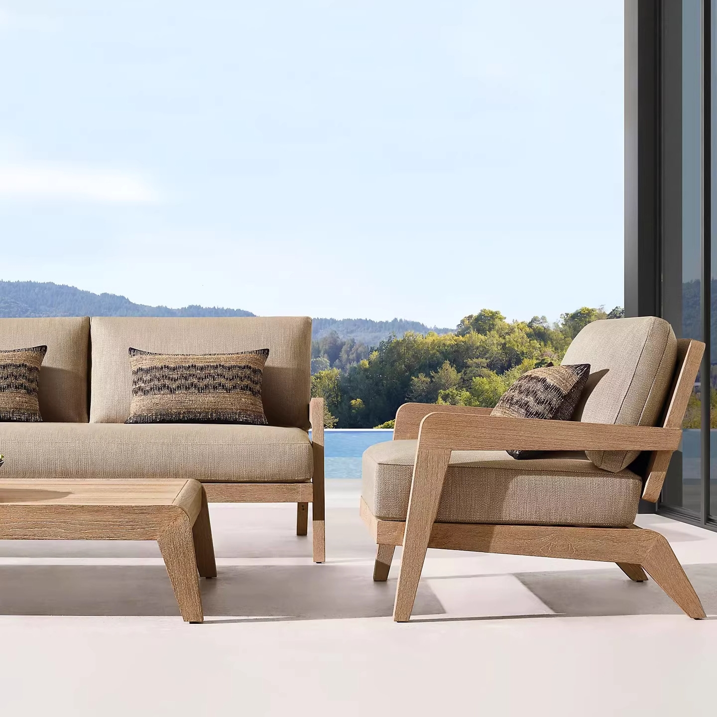 Sofá al aire libre patio terraza teca nórdica villa jardín madera maciza al aire libre impermeable anticorrosión mesa de té individual