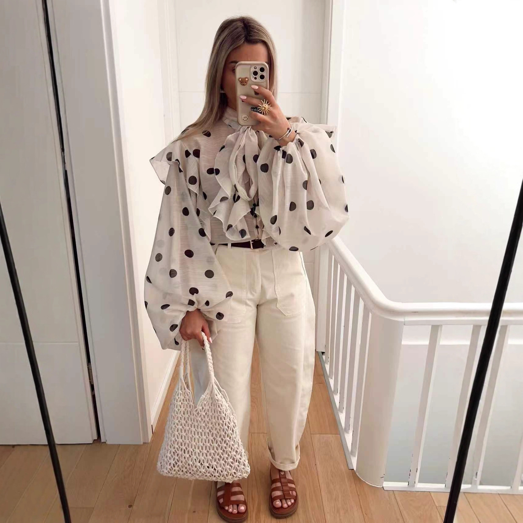 现货2025跨境外贸欧美风波点荷叶边系带衬衫上衣女装热卖批发