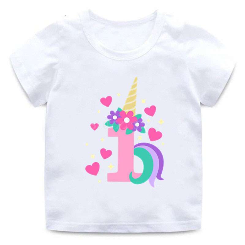 Cute Unicorn Cartoon Birthday Size 1-10 Girls T-Shirt Summer Kids Top Funny Kids Clothes