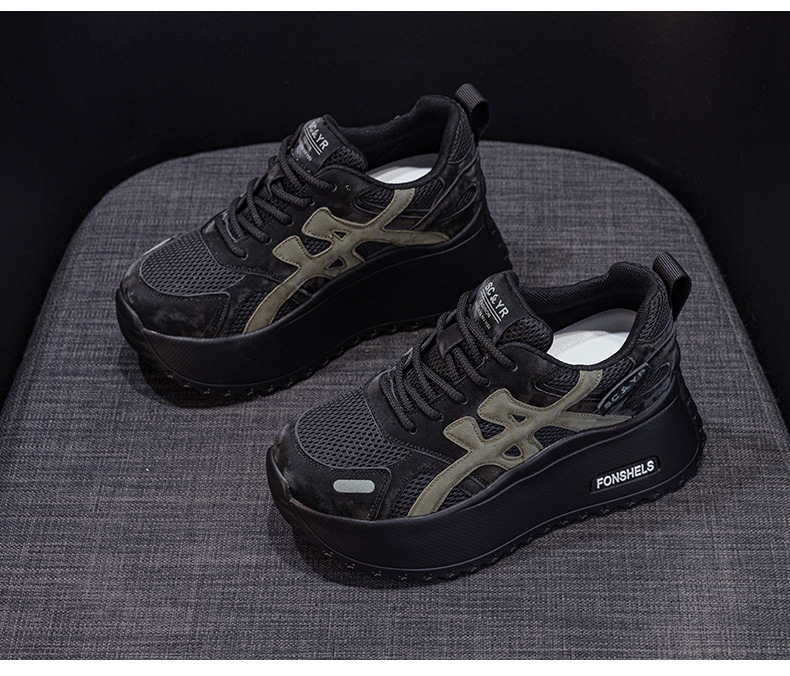 Giày sneaker nữ đế dày phong cách retro dành cho người dáng nhỏ, giày dad hot trend thu 2026, tăng chiều cao — M2933-1 màu xám đính kim cương, M2933 màu đen, M2933 màu nâu, M2933-1 màu đen đính kim cương chi tiết 42