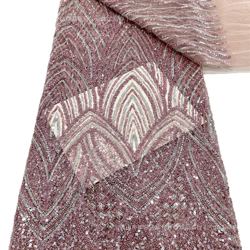 Tejido de malla de sequinilla de dos colores de moda de alta fijación de perlas de tela bordada europea y americana vestido de boda vestido de tela