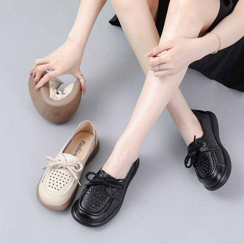 The first layer of leather mother shoes breathable hollow shoes soft bottom comfortable small leather shoes flat bottom low cut women's shoes summer casual shoes