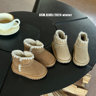 Aishang Meng Children's Shoes 2024 Winter Children's Velcro Genuine Leather Korean Style Snow Boots Girls Soft Soled Cotton Boots Baby Boots
