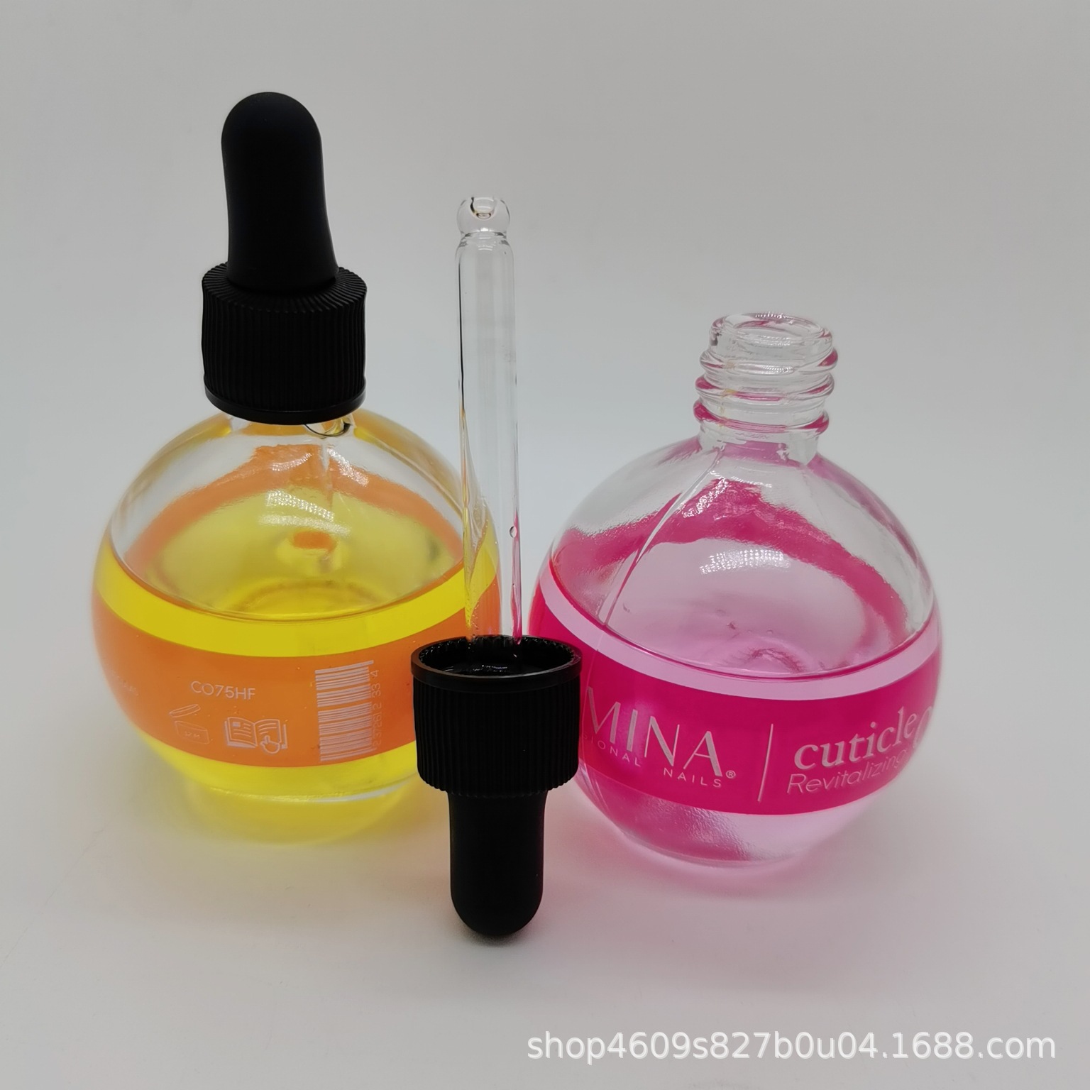 En stock 75ml botella de vidrio esencia bombilla botella bola Linda botella cuentagotas material de embalaje cosmético sub-botella