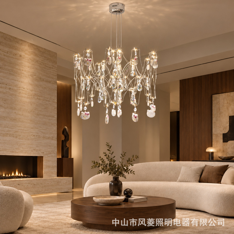 HelloKitty crystal chandelier, a luxurious and stylish lighting fixture for living rooms, dining rooms, and bedrooms, with a girly and trendy "Instagram" aesthetic, and a light French style HelloKitty crystal chandelier, a luxurious and stylish lighting fixture for living rooms, dining rooms, and bedrooms, with a girly and trendy "Instagram" aesthetic, and a light French style