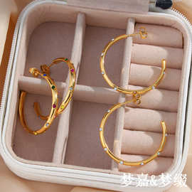欧美ins时尚夸张气质耳环饰品316L不锈钢镀18K金色大锆石镶嵌耳圈