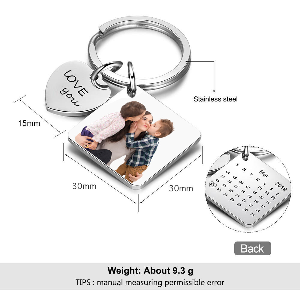 Amazon letras transfronterizas de impresión en color llavero DIY Calendario de fotos aniversario del Día de la madre llavero de acero inoxidable