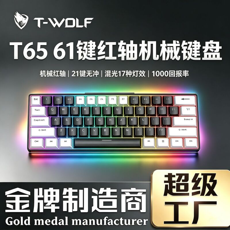T-WOLF Thunderwolf T65 Mechanical Keyboard 61 Keys Red Switch 21 Keys Anti-Ghosting Mini Keyboard Customized Black and White Dual Color