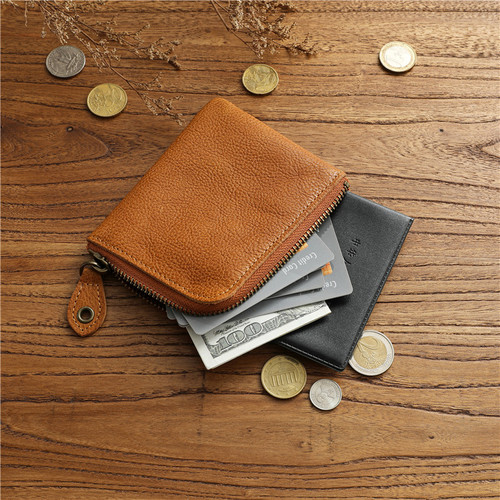 Men's vegetable tanned first layer cowhide short wallet genuine leather wallet casual ultra-thin simple wallet zipper coin purse trendy