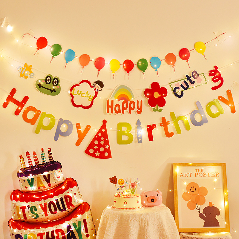 Colorful Happy Birthday Party Decorations Children's Banners Baby Photo Booth Flags Pom Poms And Flag Display For Celebrations_voghion.com