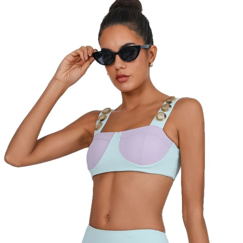 Chaleco de yoga color de contraste para mujer con almohadillas para el pecho, blusa deportiva, hebilla de alta calidad desnuda, correa ancha para el hombro, sujetador de fitness envuelto en el pecho para mujer