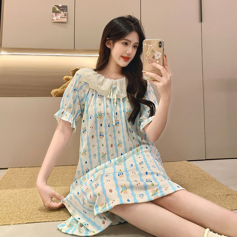 Venta al por mayor transfronteriza verano nuevo pijama mujer imitación algodón arrugado manga corta camisón de longitud media encaje lindo y dulce servicio a domicilio