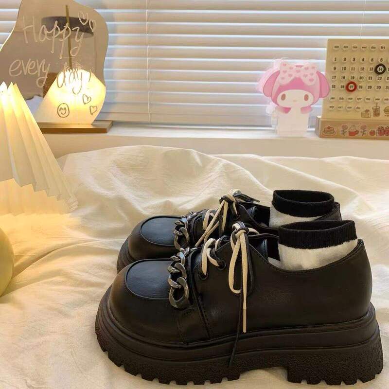 厚底增高黑色链条系带大头小皮鞋女春秋2025新款复古英伦风单鞋子|undefined
