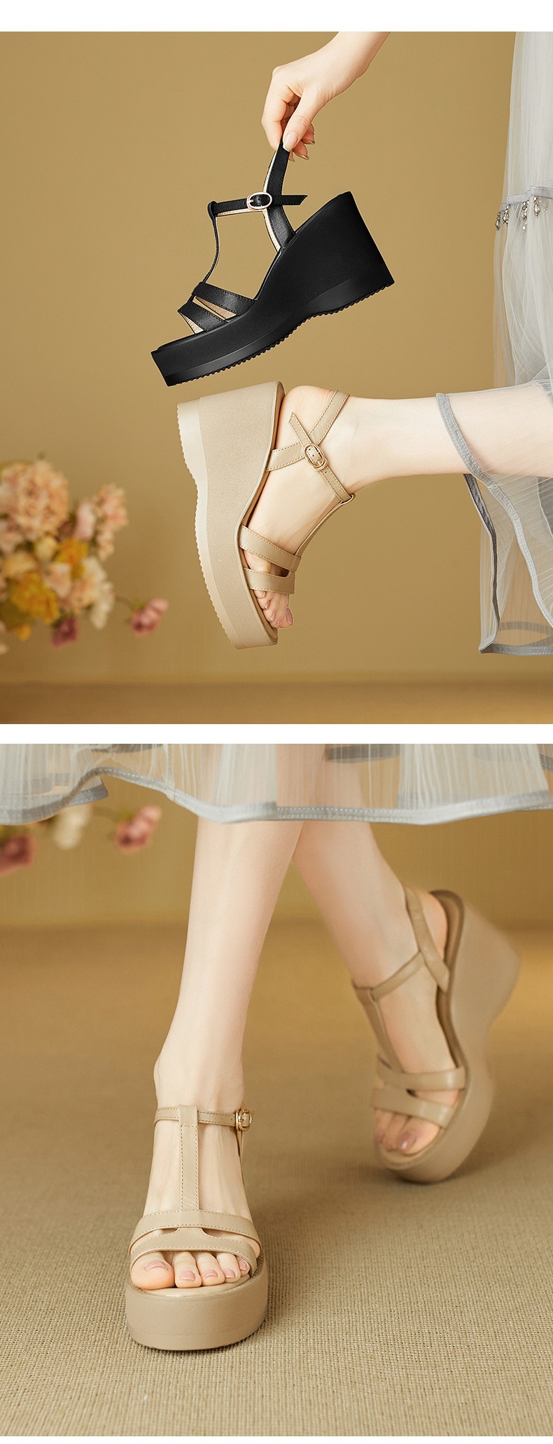 Sandal cao gót nữ mũi hở đế xuồng da bò, quai chữ T đơn giản, gót 9 cm — đen chi tiết 1