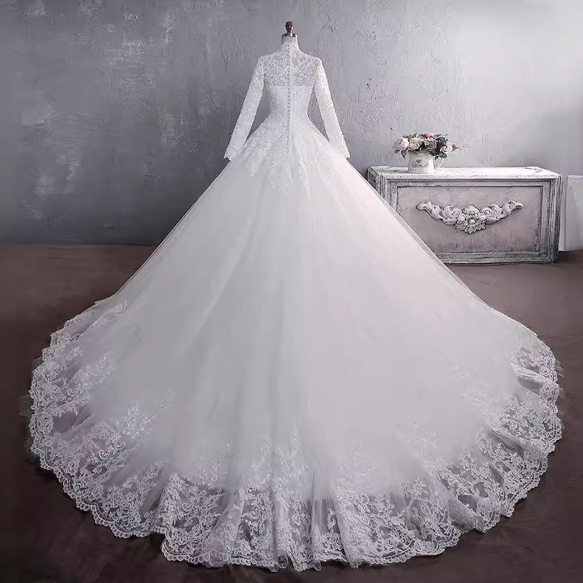 Customer Supplies European and American Wedding Dresses 2025 New Bridal Stand-Up Collar Wedding Dress Long Sleeves Slimming Look Fashion Large Tail Large Size Supply
