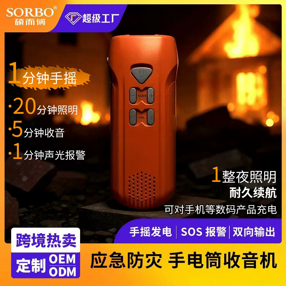 跨境定制新款手握式抗台风雨冰雹救灾户外应急照明报警器手电筒