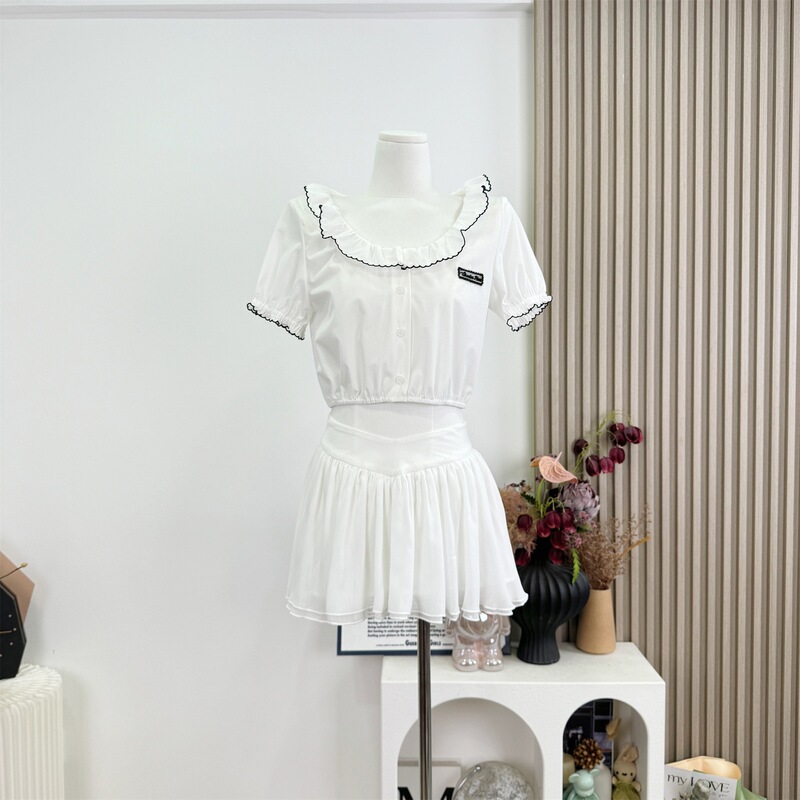 Girl's White Doll Collar Waist-Cinched Short-Sleeve Shirt Set with Short Skirt Two-Piece Set White Top Source Factory Slightly Stretchy