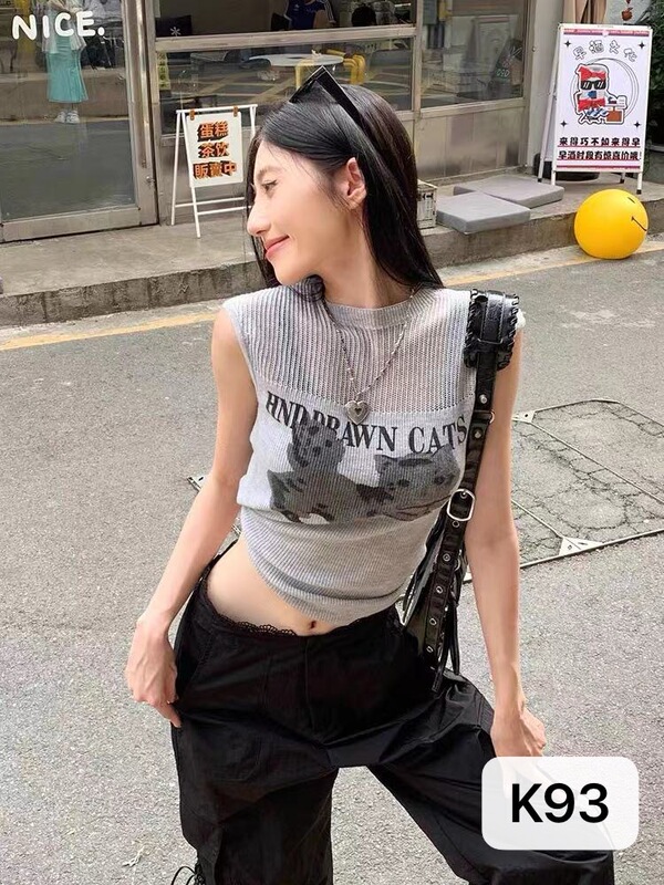 背心女2025新款春韩系小个子卡通提花设计感小众无袖镂空针织上衣|undefined