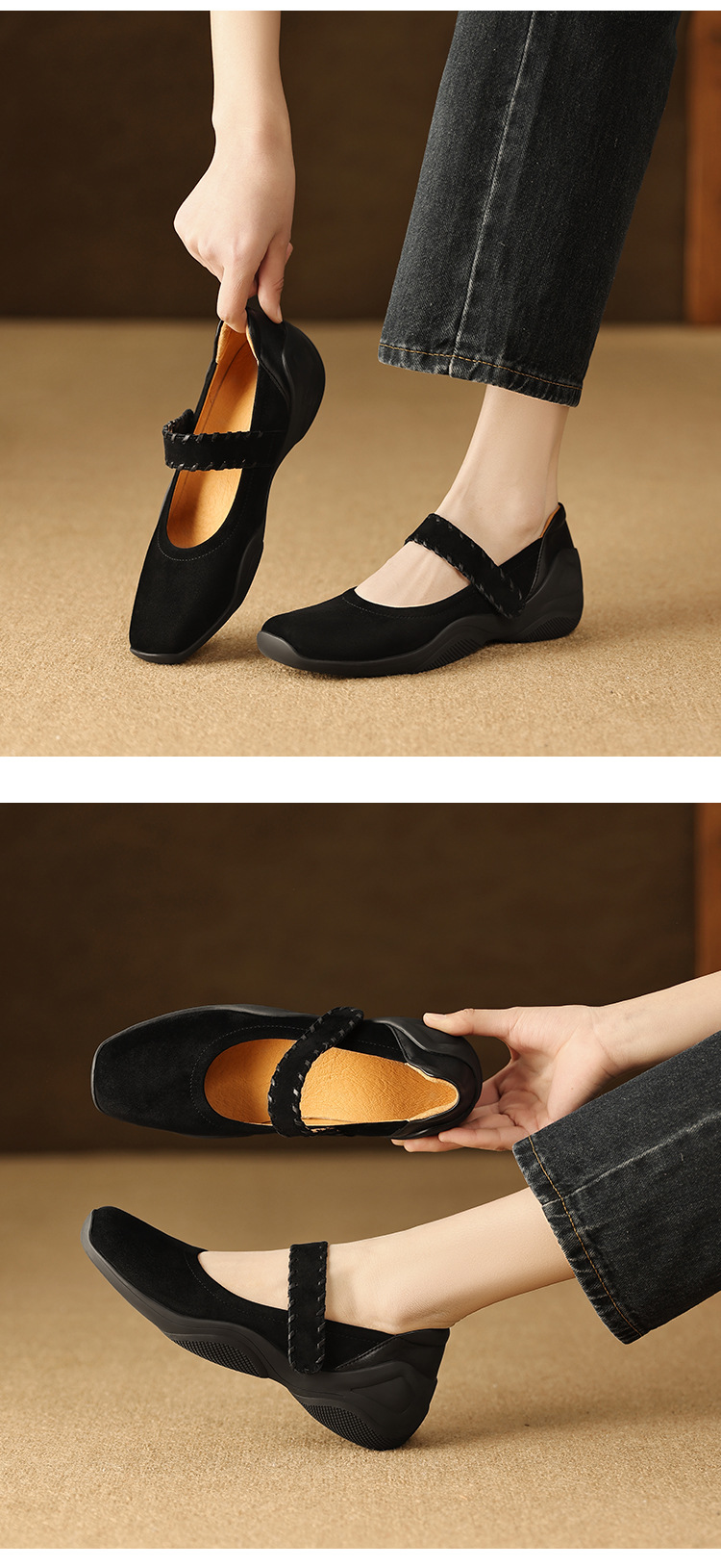 Giày Mary Jane nữ quai ngang khóa T, gót thấp 4 cm, da cừu mềm — đen chi tiết 5