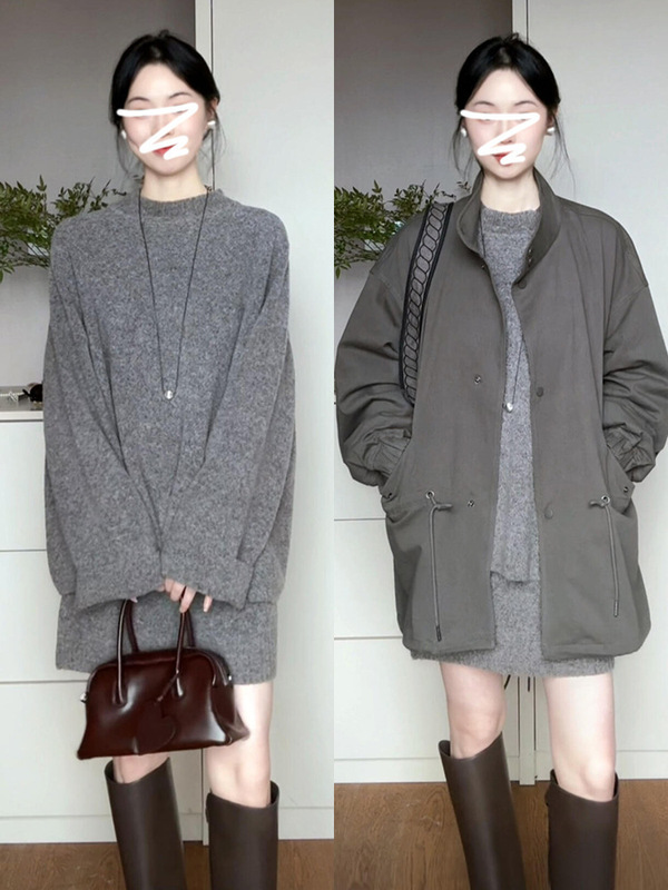 韩系感纯色毛衣套装女2025年秋冬季新款慵懒风针织衫半身裙两件套|undefined