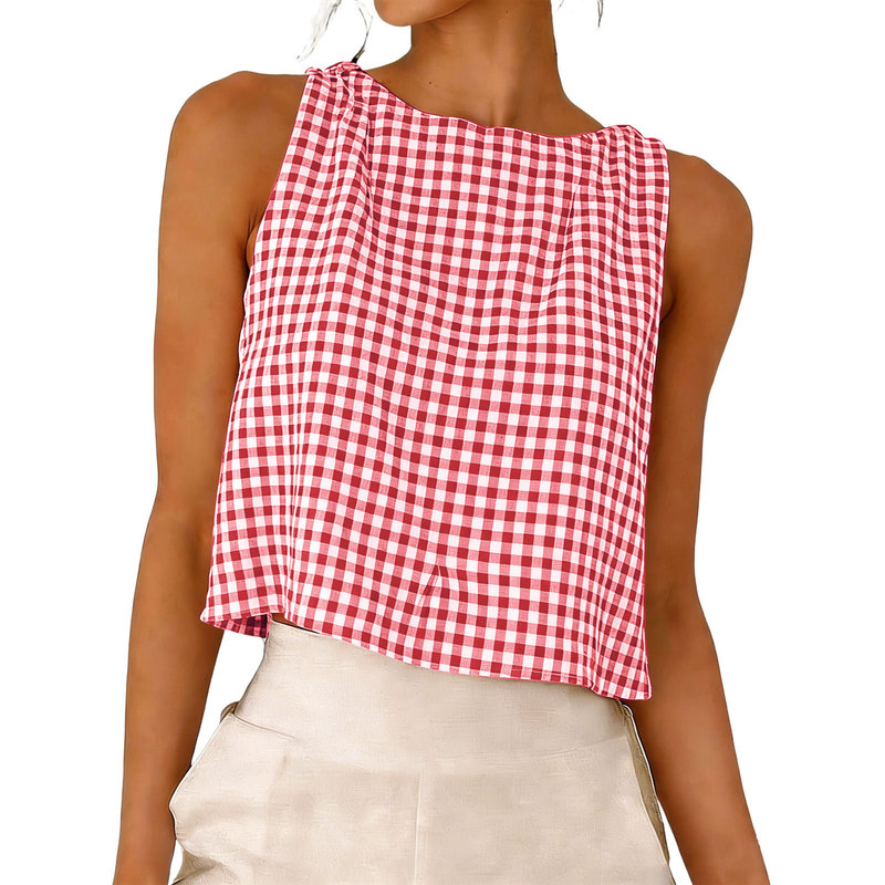 Amazon Fashion Round-Neck Faux Cotton-Linen Sleeveless Vest with Plaid Elements, Versatile Summer Top for Women, Reversible Amazon Fashion Round-Neck Faux Cotton-Linen Sleeveless Vest with Plaid Elements, Versatile Summer Top for Women, Reversible