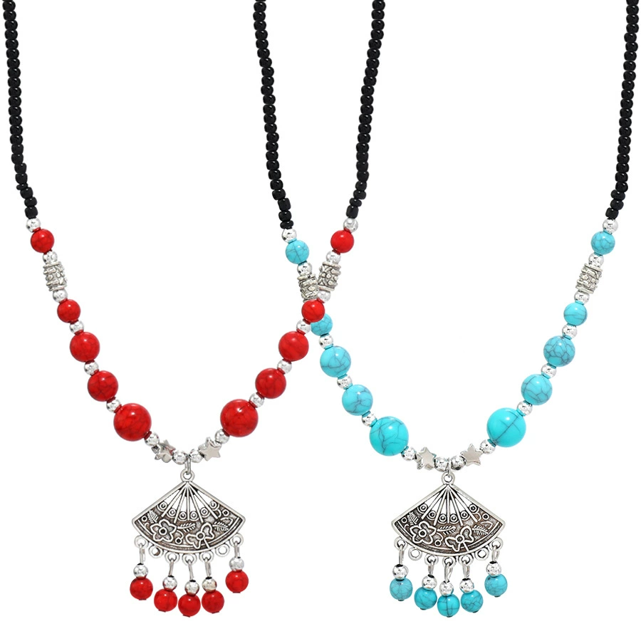 Hanfu Pendant Necklace, Retro Beaded Fan Pendant Accessory — Red or Turquoise, Lightweight 15×3×10 cm