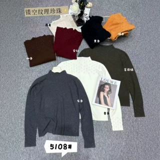 新款镂空纹理钉珠半高领针织衫女修身显瘦重工秋冬内搭打底上衣