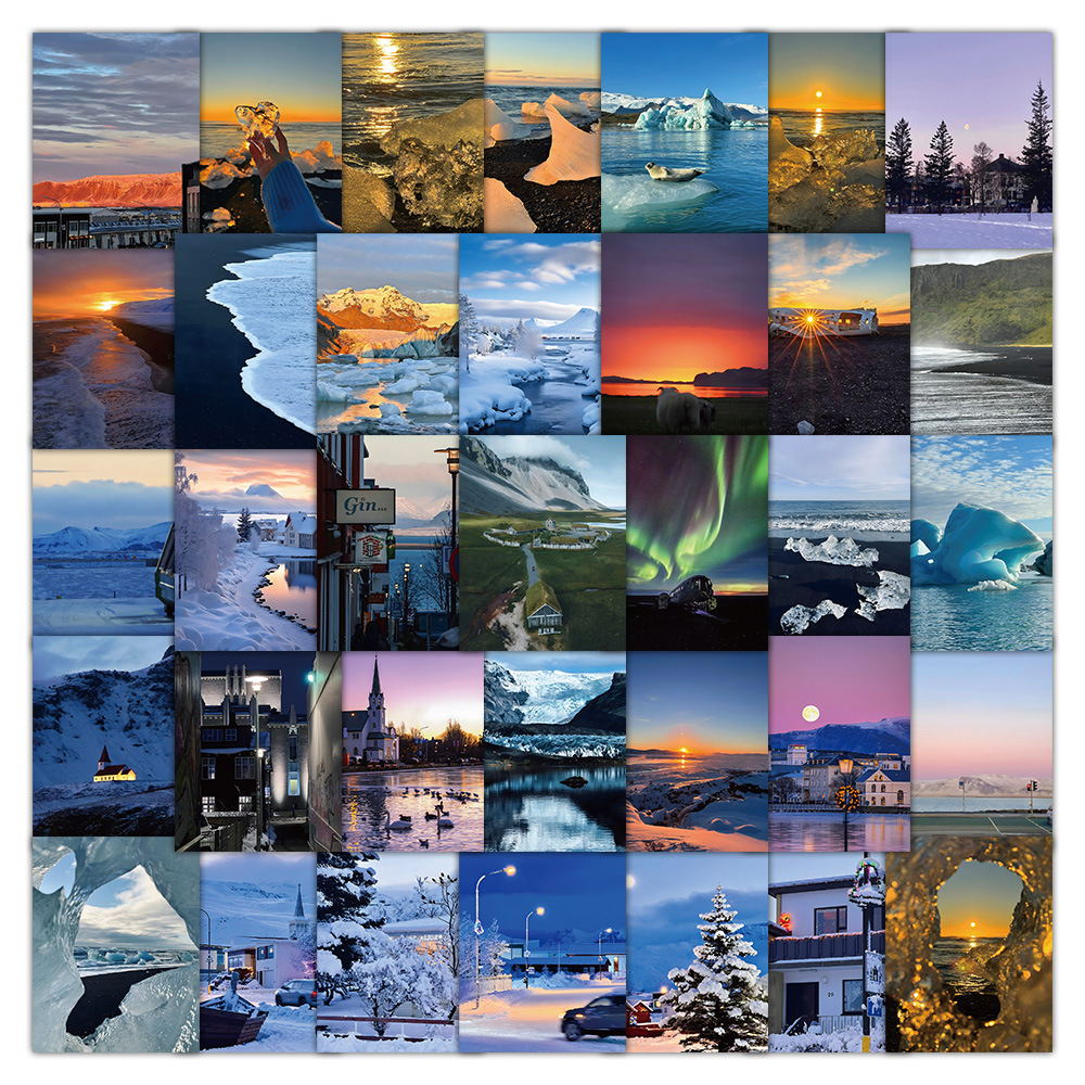 60张冰岛之旅卡通贴纸浪漫风景装饰行李箱笔记本行李箱贴画批发