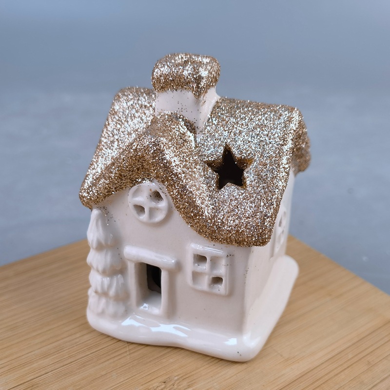 Casa de cerámica de estilo europeo, luces LED, artesanías, decoraciones de lujo ligeras, luces nocturnas, adornos para el hogar, candelabro hueco