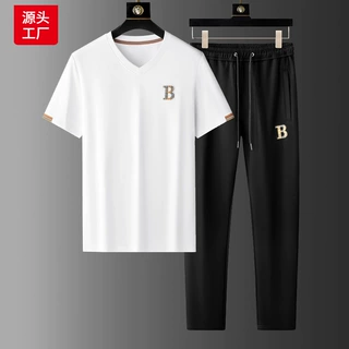纯色基础款圆领T恤套装轻奢高档男士夏季百搭透气运动服休闲男装