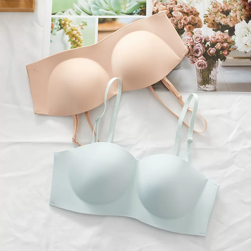 Underwear, push up bra, thin straps, supporting glossy wireless bra, bra top, strapless