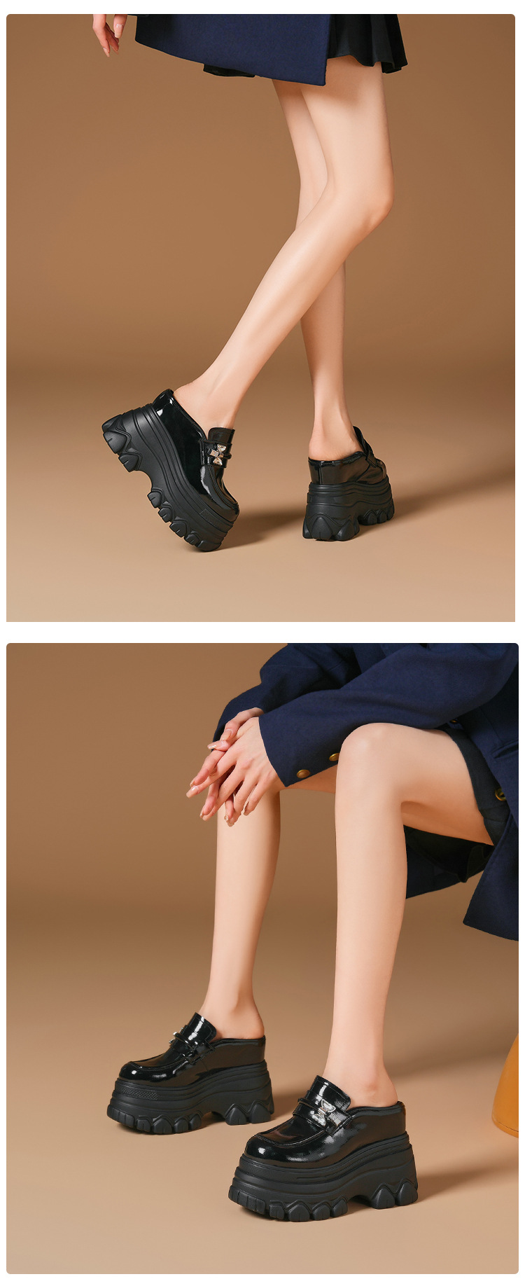 Sandal cao gót nữ mũi hở đế xuồng platform da bóng gót 12 cm — màu đen chi tiết 8