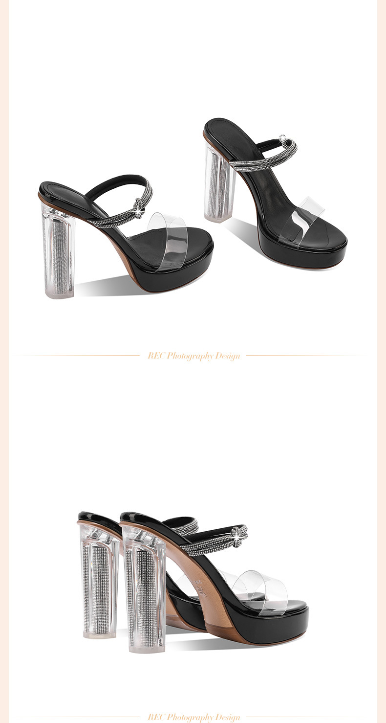 Sandal cao gót nữ gót trong suốt pha lê, quai ngang, gót 9 cm — Màu Sâm panh chi tiết 16