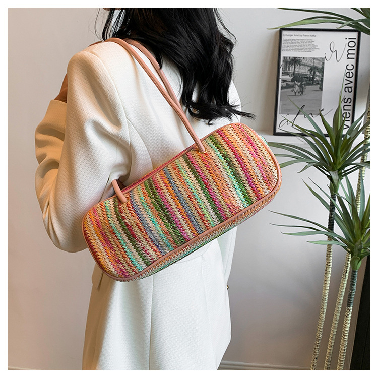 Women's Medium Straw Rainbow Vacation Classic Style Weave Oval Zipper Straw Bag display picture 7