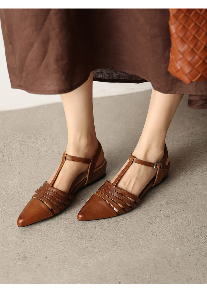 Sandal nữ hở mũi gót thấp 3 cm, quai dệt đinh tạo kiểu cổ điển — Sữa hạnh nhân chi tiết 7