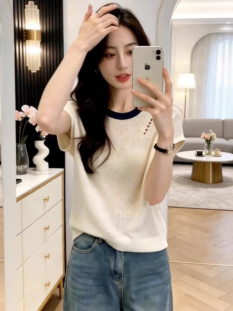 Áo thun ngắn tay nữ dệt kim lỗ rỗng chất liệu tơ băng mát lạnh — trắng
