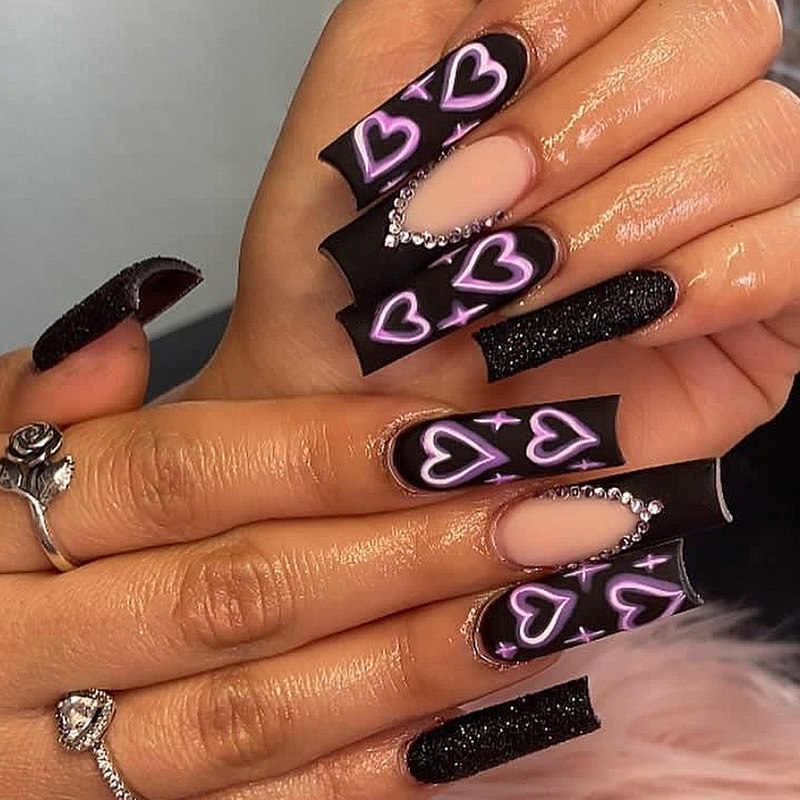 Cross-border Wearing Nail Shapes Super Long Water Pipe Black Love Printed Diamond Matte Glitter Powder Nail Shapes Cross-border Wearing Nail Shapes Super Long Water Pipe Black Love Printed Diamond Matte Glitter Powder Nail Shapes