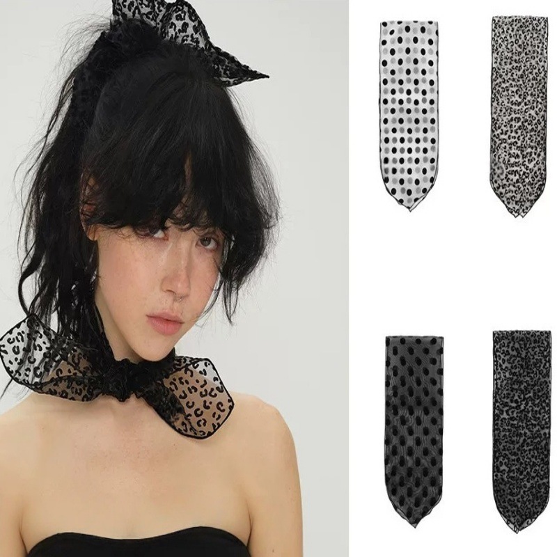 Sexy Little Silk Scarf~Korean Style Mesh Leopard Print Long Silk Scarf Organza Polka Dot Small Scarf Simple and Fashionable