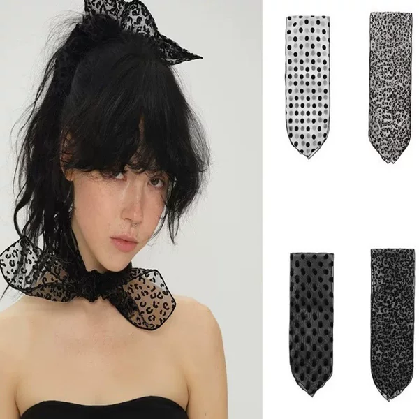 Sexy Little Silk Scarf~Korean Style Mesh Leopard Print Long Silk Scarf Organza Polka Dot Small Scarf Simple and Fashionable