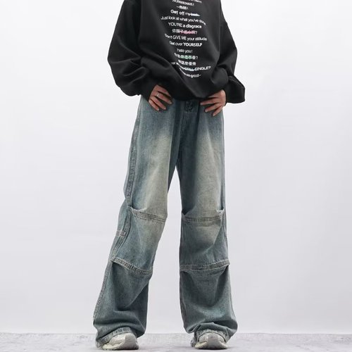 American Wide Leg Denim Men's High Street Design Hip-Hop Retro Washed Straight Leg Pants