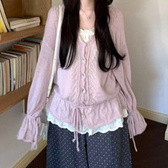 慵懒软糯抽绳V领显瘦针织开衫+无袖蕾丝吊带背心L1316+X12265笙陇