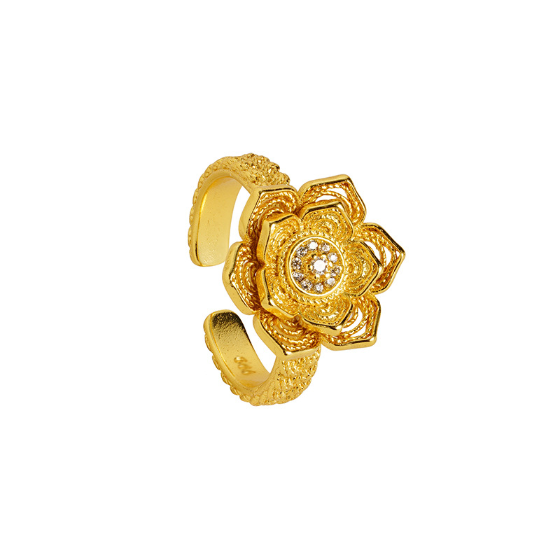Anillo de loto de oro de Gufa Sha mujer estilo chino retro aleación de cobre micro anillo de flor de mosaico fábrica al por mayor suministro