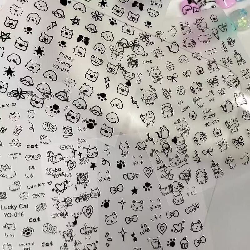 Nail Art Cute Cat and Puppy Hand-Painted Stickers Kitten Paw Small Pattern Childlike English Graffiti Decals Nail Decoration