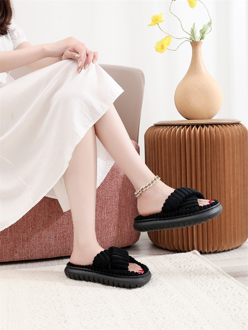Women Fleece Open-Toe Slip-On Spring Summer Indoor Bedroom Soft Machine Washable Breathable Slippers_voghion.com