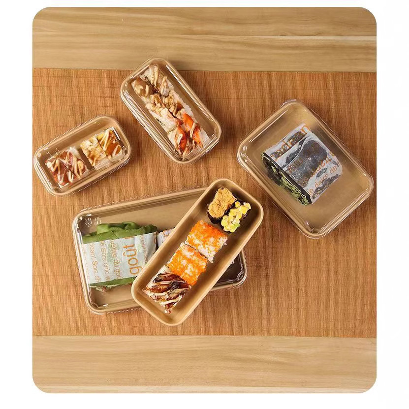 Caja de embalaje kraft desechable caja de sushi para llevar caja de picnic con cubierta caja de almuerzo de púrpura doméstica biodegradable comercial