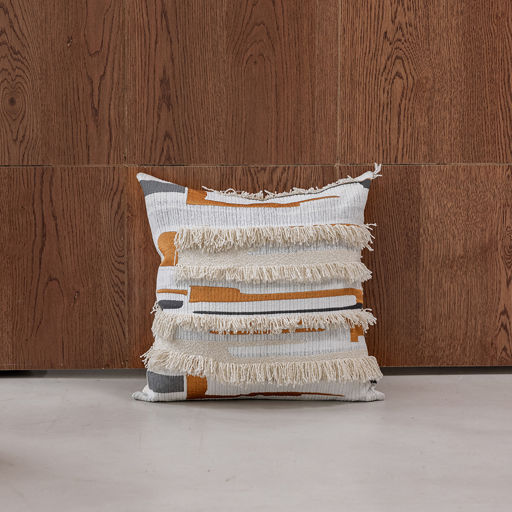 Cojín de chenilla jacquard estilo nórdico de lujo ligero con borlas, funda de cojín de diseño original, cojín lumbar.