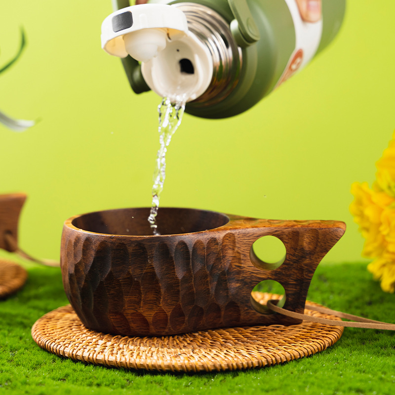 Taza de madera maciza nórdica creativa Taza de leche de desayuno para el hogar Ceremonia del té de madera Camping retro Taza de café portátil