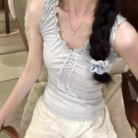 BM风奶蓝色木耳边蝴蝶结系带吊带背心女bm甜辣纯欲修身打底上衣夏
